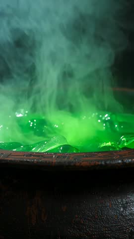 Bubbling Emerald Potion in Cast Iron Cauldron Vertical Video for Halloween Fantasy