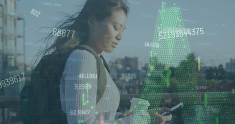 Woman Analyzing Financial Data Outdoors Using Smartphone