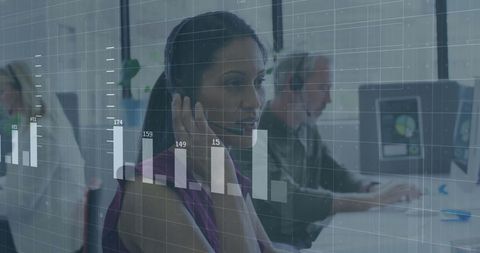 Business professionals analyzing statistical financial data visualization