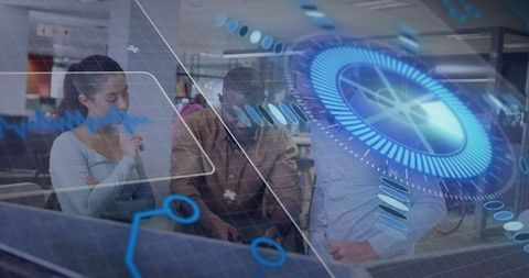 Team collaborating around augmented reality holographic interface in modern office