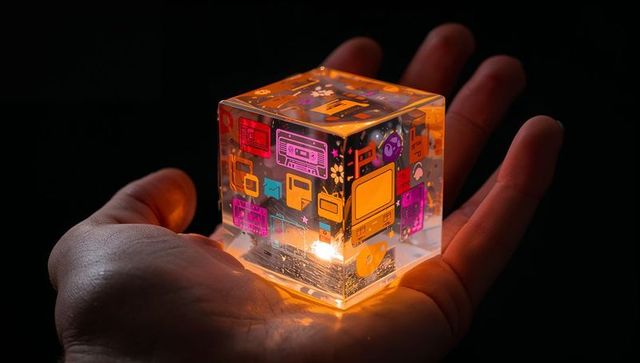 Glowing retro tech cube cradled in hand emitting warm light with colorful vintage icons