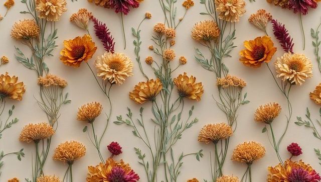 Artistic flat lay dried chrysanthemum blooms on neutral backdrop