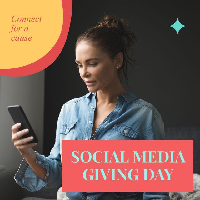 Woman Using Smartphone for Social Media Giving Day Campaign - Download Free Stock Templates Pikwizard.com