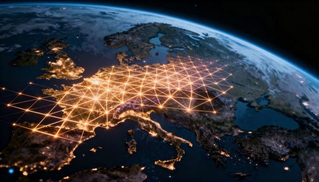 Orbit view mapping glowing triangular network connecting european city hubs at night