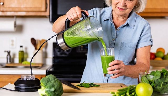 Senior woman pouring green smoothie from blender on kitchen counter promoting wellness
