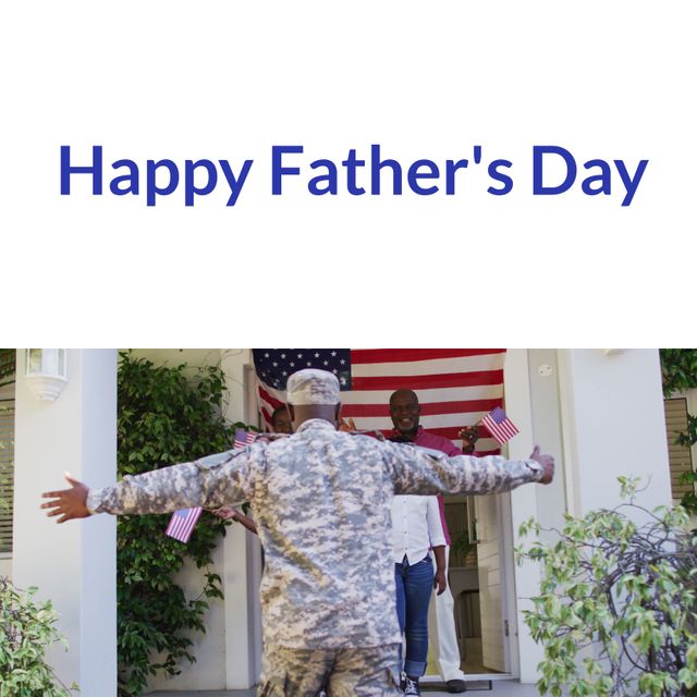 This image depicts an African American male soldier joyfully returning home to his family while they celebrate Father's Day. Holding American flags, the family waits with open arms as the soldier, dressed in military uniform, makes his way to them. Perfect for illustrating themes of family celebration, military homecoming, patriotism, and Father's Day. Ideal for use in patriotic campaigns, military appreciation, holiday greetings, and family-oriented advertisements.