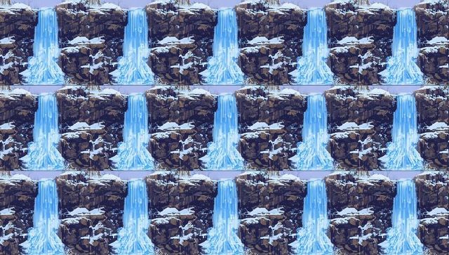 Repeating frozen waterfall tile pattern spanning snow-capped cliff with icicles and frost