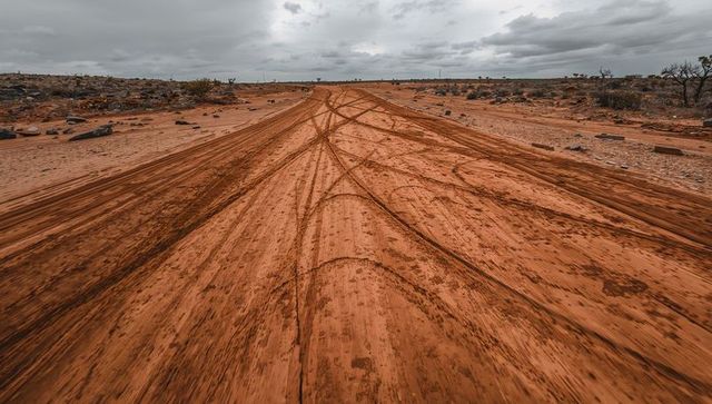Rugged remote outback with red dirt trail and tire marks