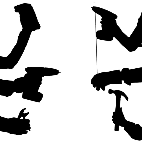 Transparent silhouette of hands holding tools