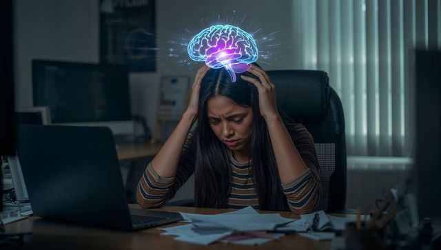 Overwhelmed woman at desk with glowing brain hologram representing mental overload and burnout