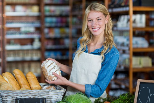 Portrait of smiling staff holding bread in organic section of supermarket