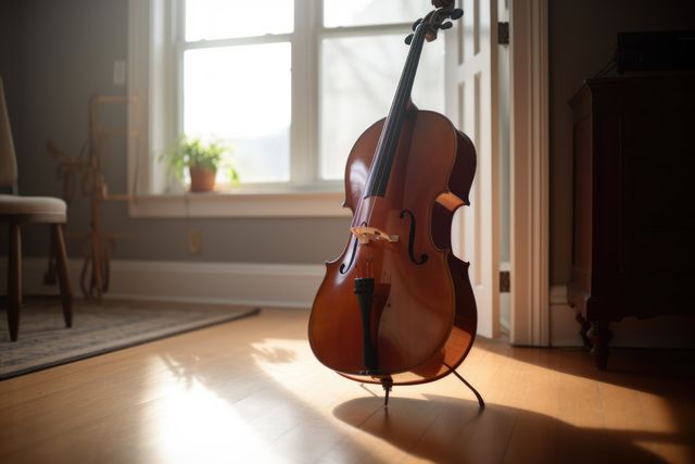 Cello standing on wooden floor in a sunlit cozy home. Ideal for themes about music, home decor, peaceful settings, and interior design projects.