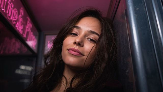 Leaning woman in neon-lit kiosk, intimate moody closeup with reflective glass and pink glow