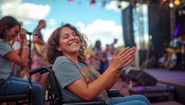 Joyful woman in wheelchair clapping at outdoor music festival front row with live band