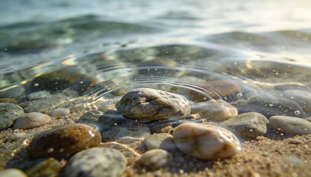 Glinting gray pebble resting on shoreline with ripples and golden sunlight reflections