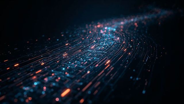 Neon data stream curving across virtual circuit board with glowing nodes and sparks