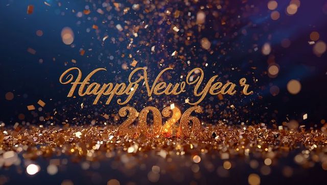 Golden Happy New Year 2026 Text with Glittering Confetti and Bokeh Lights