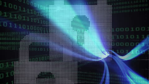 Glowing Padlock Overlay on Binary Code Matrix Background