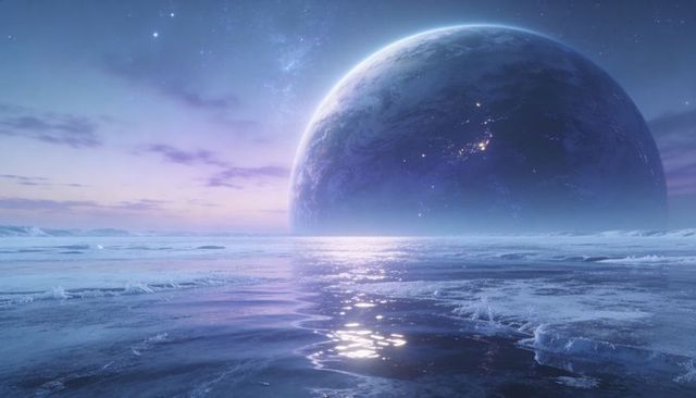 Massive planet rising over icy sea at twilight reflecting city lights and cloud bands