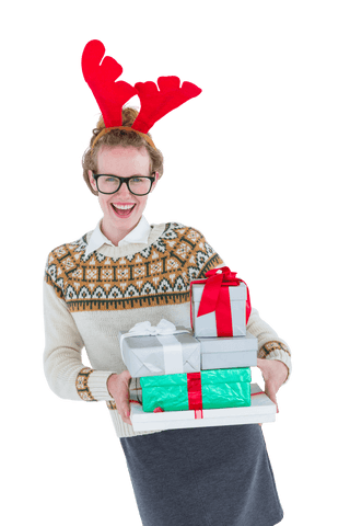 Happy Hipster Wearing Reindeer Antlers Holding Presents Transparent Background - Download Free Stock Videos Pikwizard.com