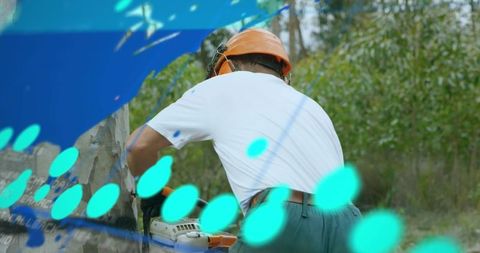 Lumberjack working with digital world map overlay