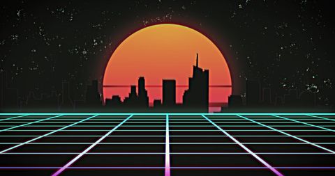 Retro Futuristic Cityscape with Neon Grid and Sun
