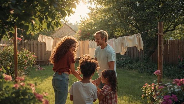 Sunlit family of four enjoying backyard togetherness with clothesline and garden laundry