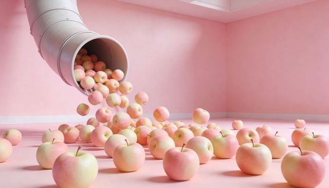 Pastel apple cascade pouring from white chute in minimal pink space surreal fruit concept