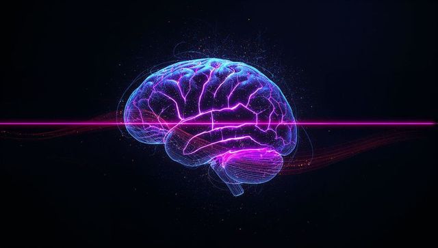 Neon Wireframe Brain with Magenta Laser Beam and Blue Neural Network Visualization