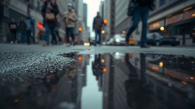Shallow puddle reflecting city buildings, pedestrians and warm street lights on wet asphalt