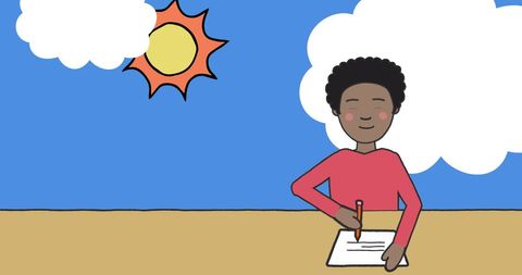 Young child drawing under sun in colorful sky scene