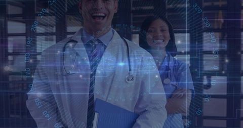 Medical Team Embracing Digital Health Technology with Futuristic HUD Interface Visualization