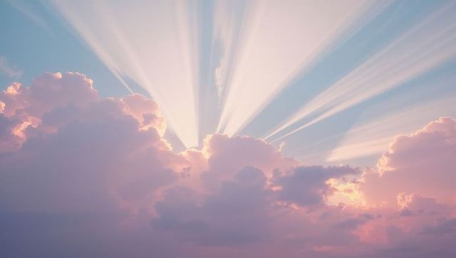 Luminous Cloudburst with Radiant Sunbeams in Pastel Sky