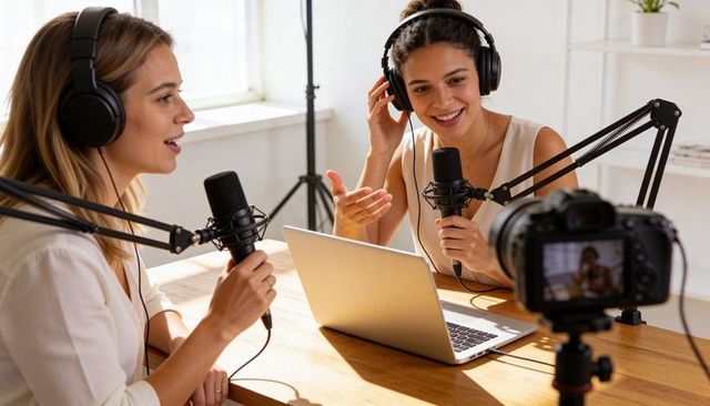 Two women podcast hosts recording conversational interview with microphones, laptop setup
