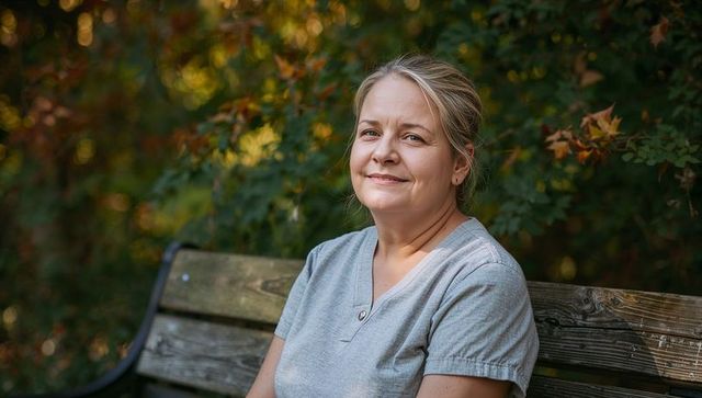Middle-aged woman sitting on bench in autumn park, smiling and resting in soft sunlight