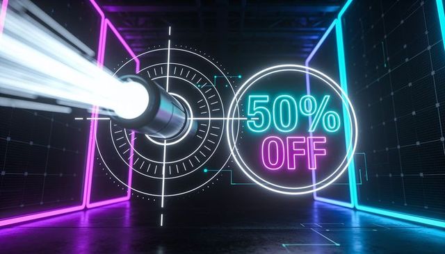 Neon 50% off targeted sale hud with laser beam in futuristic magenta cyan corridor