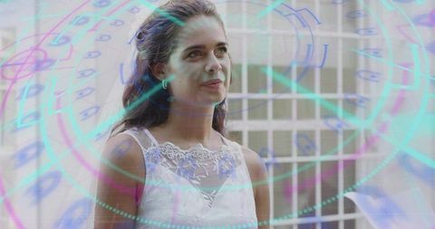 Woman wearing white lace top gazing through window with holographic interface overlay