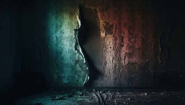 Abandoned building with peeling wallpaper and dramatic lighting