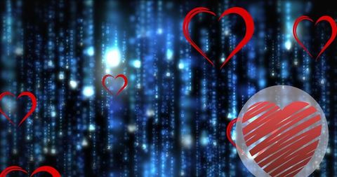 Striped red heart icons hover over abstract code background