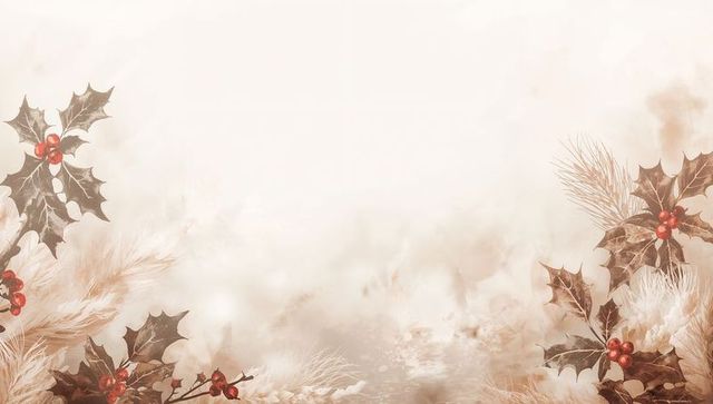 Sepia Watercolor Holly Border with Bokeh Snow and Pampas for Elegant Holiday Cards