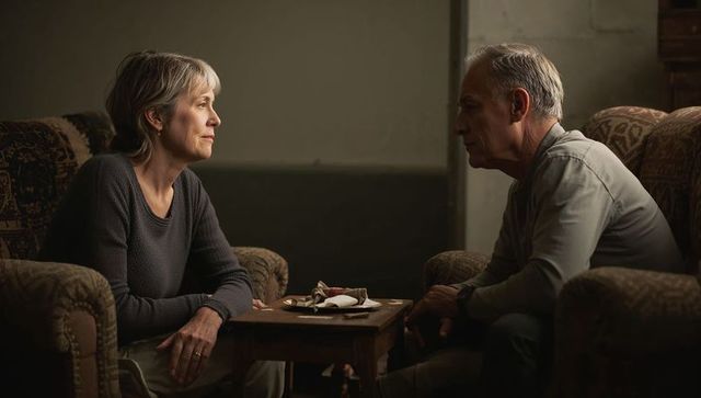 Senior couple conversing across table sharing quiet intimate moment in cozy living room