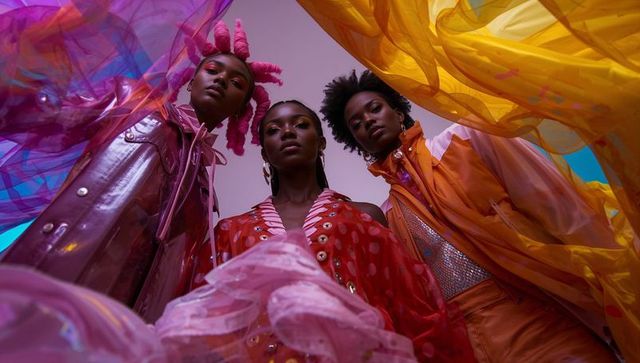 Showcasing bold couture trio in magenta and orange with flowing chiffon and vinyl accents