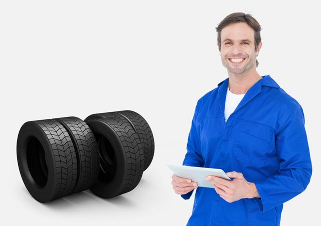 Mechanic in blue overalls holding tablet and standing next to two tires with a white background. Beautiful for car services advertisements, mobile mechanic promotions, or tire-related digital solutions.