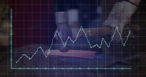 Industrial craftsmanship: blacksmith hammering with digital analytics overlay