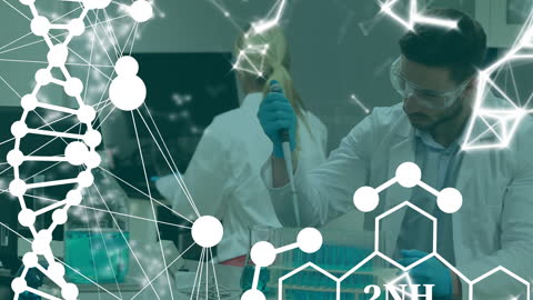 Scientist Pipetting in Laboratory with DNA and Molecular Graphics Overlay