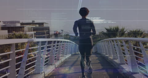 Dynamic Cityscape Jogging with Tech Interface Overlay