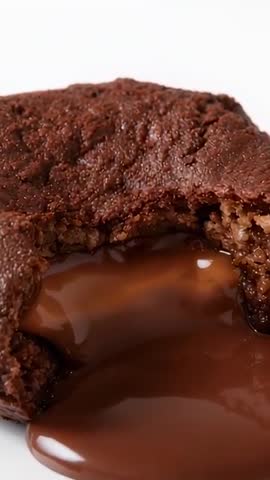 Cutting Square Chocolate Lava Cake, Oozing Glossy Molten Chocolate Filling on White Plate