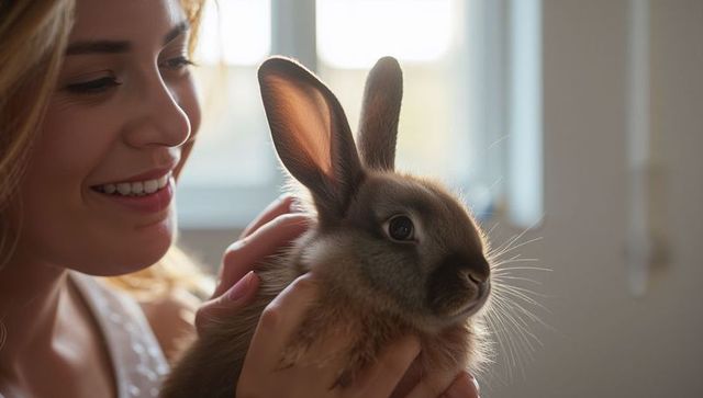 Woman holding brown rabbit cradling soft bunny in warm backlight at home closeup