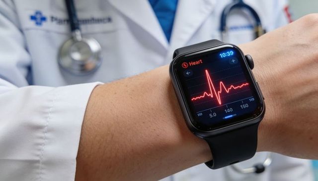 Smartwatch ecg monitoring on doctor wrist showing heartbeat waveform in clinical practice
