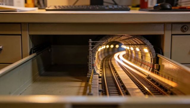 Moving model train leaving light trails through illuminated tunnel in metal drawer diorama
